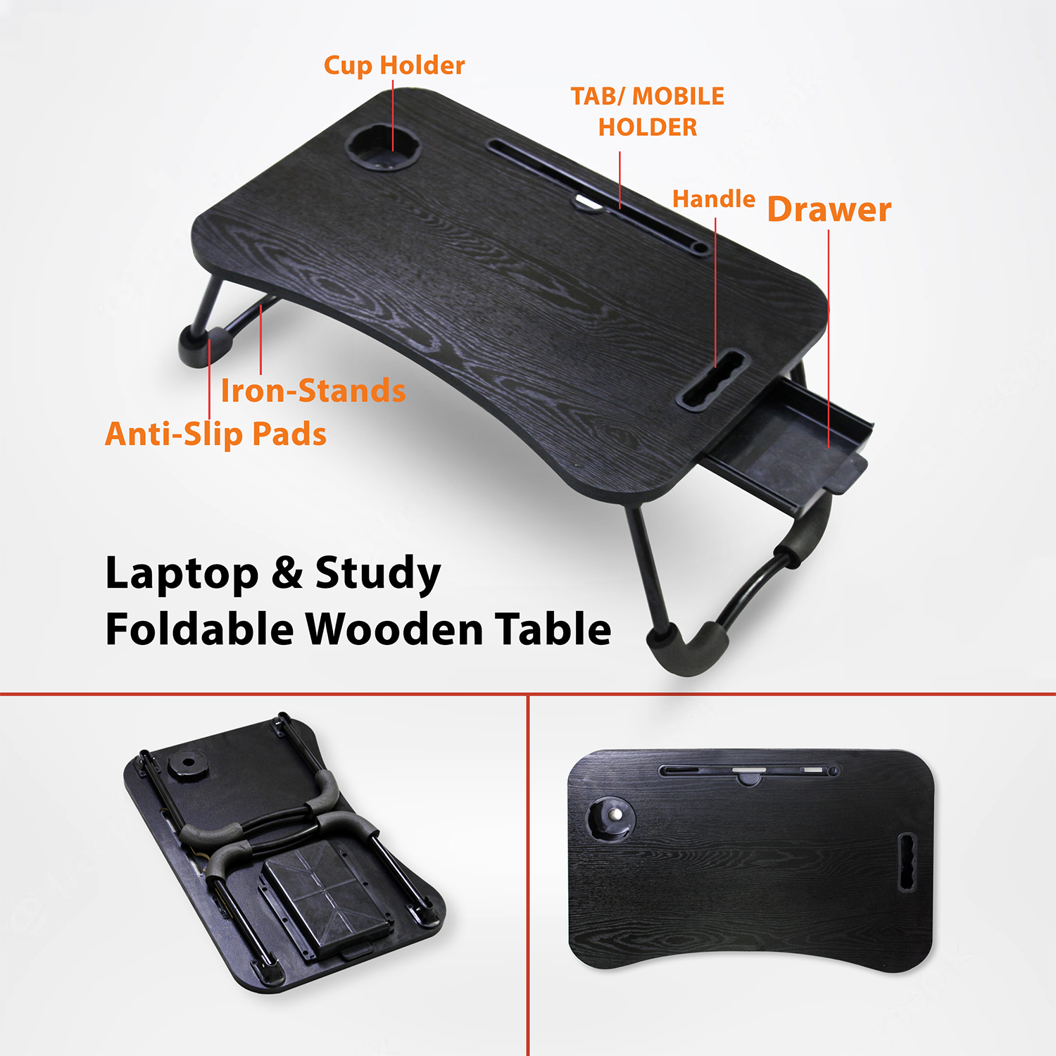 Wooden Gaming Laptop Table  And Simple Dormitory Bed Desk Folding Laptop stand Ergonrawing Notebook Reomic Portable Dading Food Breakfast Serving With Inbuild Tablet And Cup Holder Slots Couch Black Brown