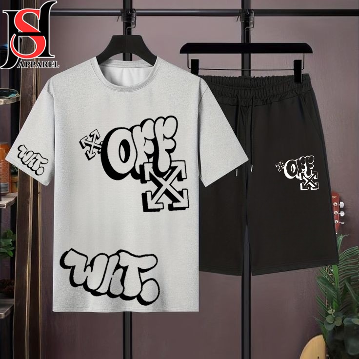 Off White Printed Cotton Half Sleeves O Neck Short & Tshirt For Men & Boys Track Suit Summer Girls Party Gym