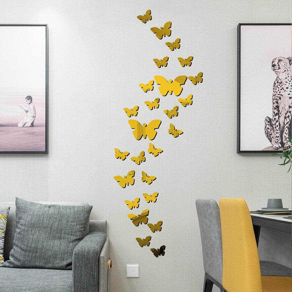 Pack of 06,12, 24,36,and 48 Golden and Silver Butterfly Mirror Stickers - Acrylic Wall Decals for Bedroom, Living Room, Kitchen Decor