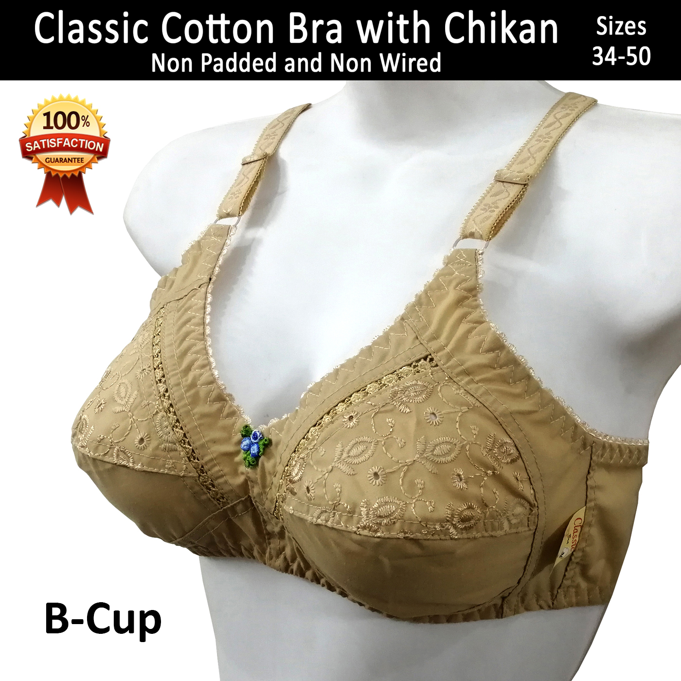 Non-Padded and Non wired Brassier 3 Hooks Back Closure Full Cup Shape with  Chikan Embroidery