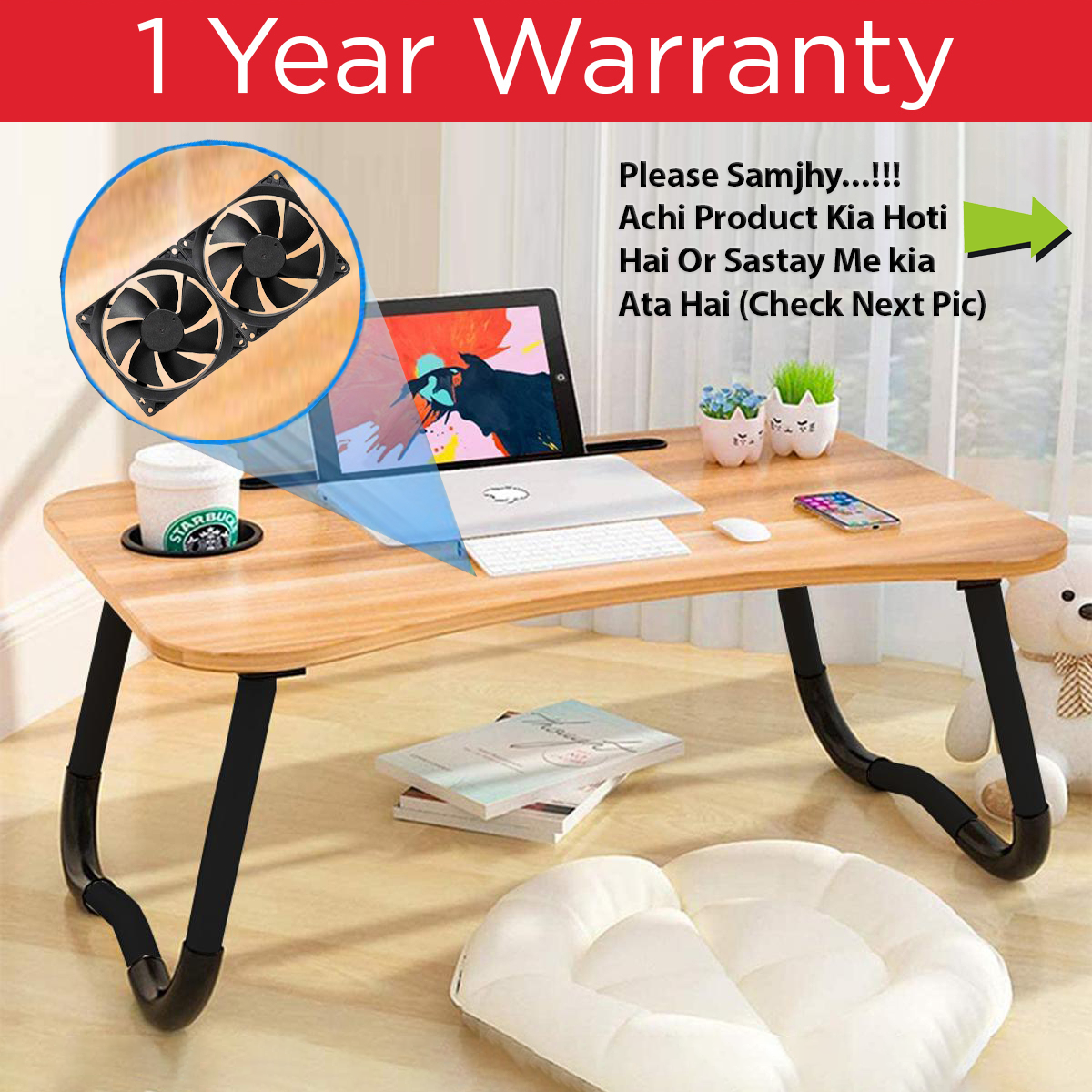 Gaming Laptop Table With Cooling Fan Dual High Speed Foldable Ergonomic Portable For Drawing Bed Notebook Reading Food Breakfast Serving With Inbuild Tablet And Cup Holder Slots For Bed Couch - Black Wooden Brown Pink