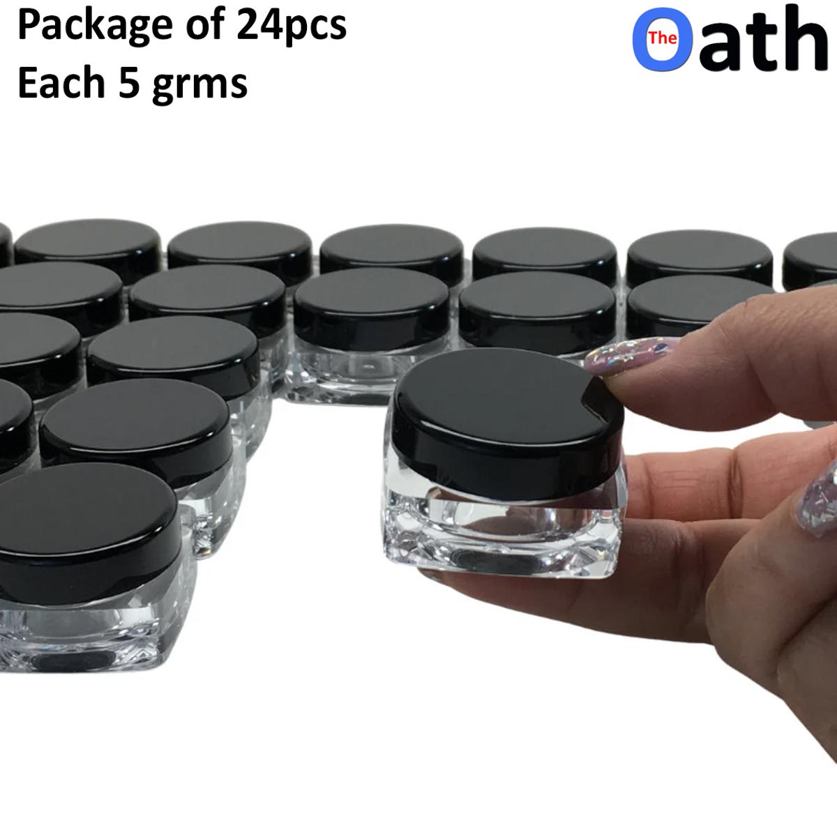 24pcs 5grams Empty Cosmetic Plastic Containers Clear with Black Lid for Cream Makeup Lotions Lip Balm Eyshadow Sample Glitter Storage, Mini Refillable Travel Jars Small