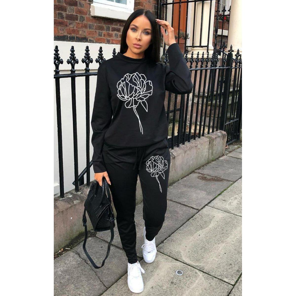 Black Flower Printed Summer Full Sleeves Tracksuit For Women