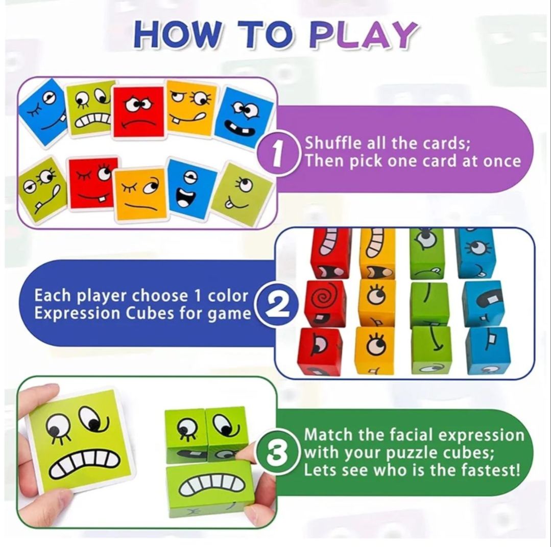 Plastic 3D Crazy Face Changing Puzzle Blocks Game Magic Cube Board Game for Kids - 64 Challenging Cards Learning Toy with Bell Educational Face Expression Matching Cube Toy with Challenge Cards | Brain Teaser & IQ Learning Game for Boys & Girls
