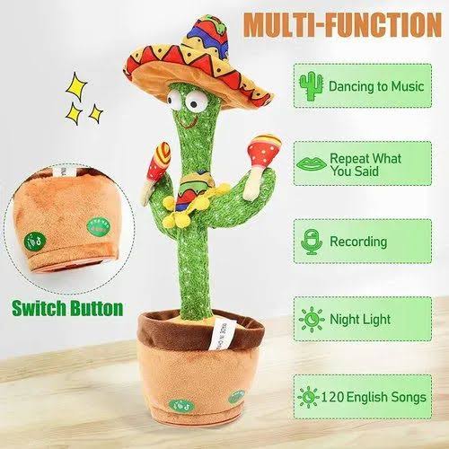Dancing Cactus Toy without Recording - Rechargeable | Cell Operated Singing Plush Twisting Cactus Toy Education Toy Plush Toy with Songs for Kids