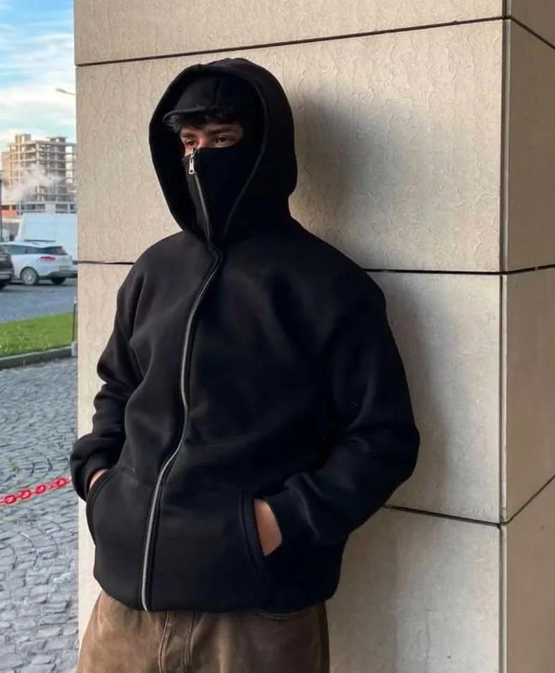 Winter Fleece Balaclava Hoodie with Face Cover – Full Zip Black Hoodie for Men & Boys | Warm Zipper Sweatshirt S–XL