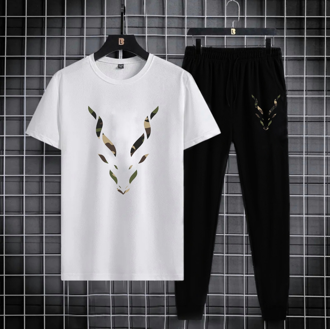 TRACKSUIT - White Camouflage Markhor Printed Tracksuit For Men - Soft & Comfy Fabric Tshirt & Trouser Commando Printed Tracksuit