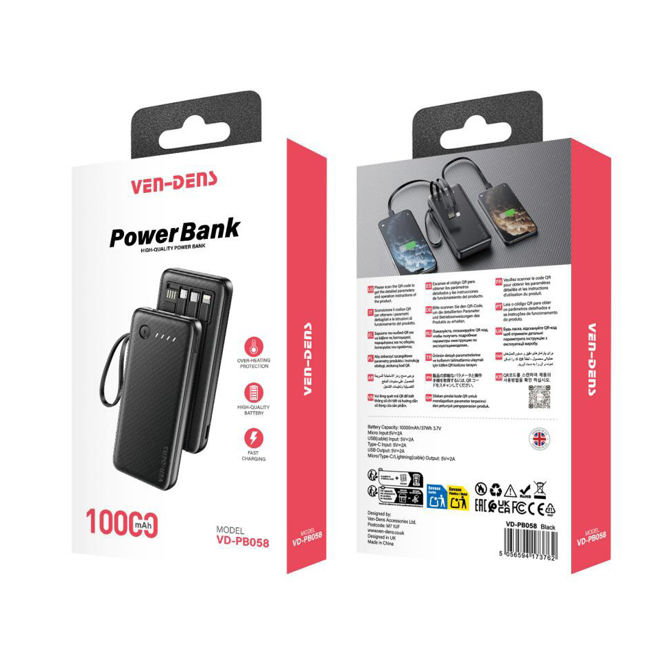 VenDens PB058 Power Bank 10000mAh  Portable Fast Charging Power Bank with Dual Output  Compact & Travel Friendly Battery Pack