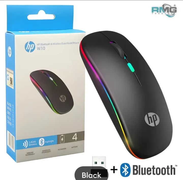 HP W10 Rechargeable Wireless Optical Mouse – RGB Lights, Silent Click, Adjustable DPI, Long Range 2.4GHz Connectivity