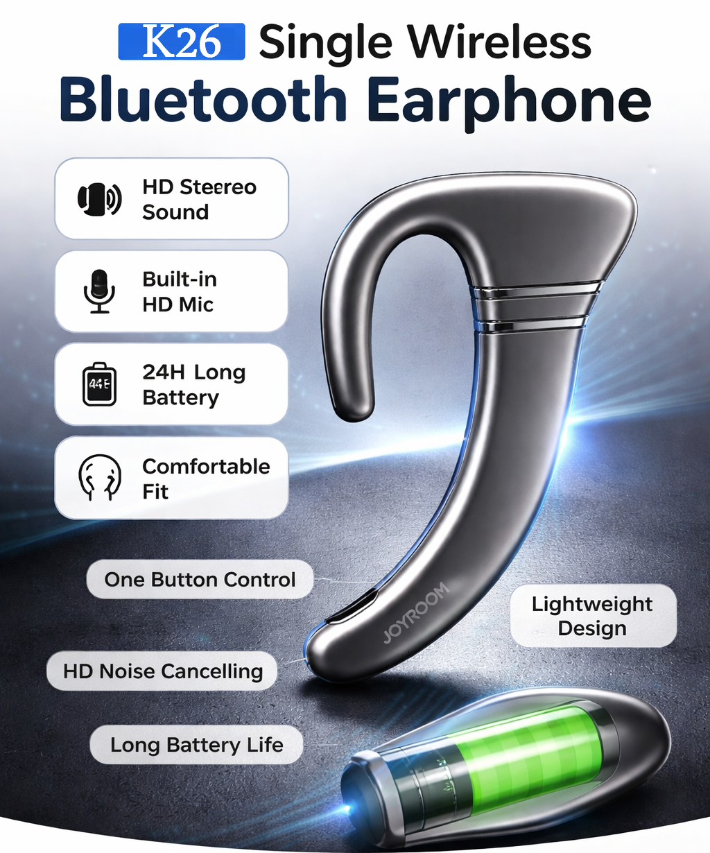 K26 Business Design Wireless Single Bluetooth Earphone Headset (Compatible With All Bluetooth Devices).