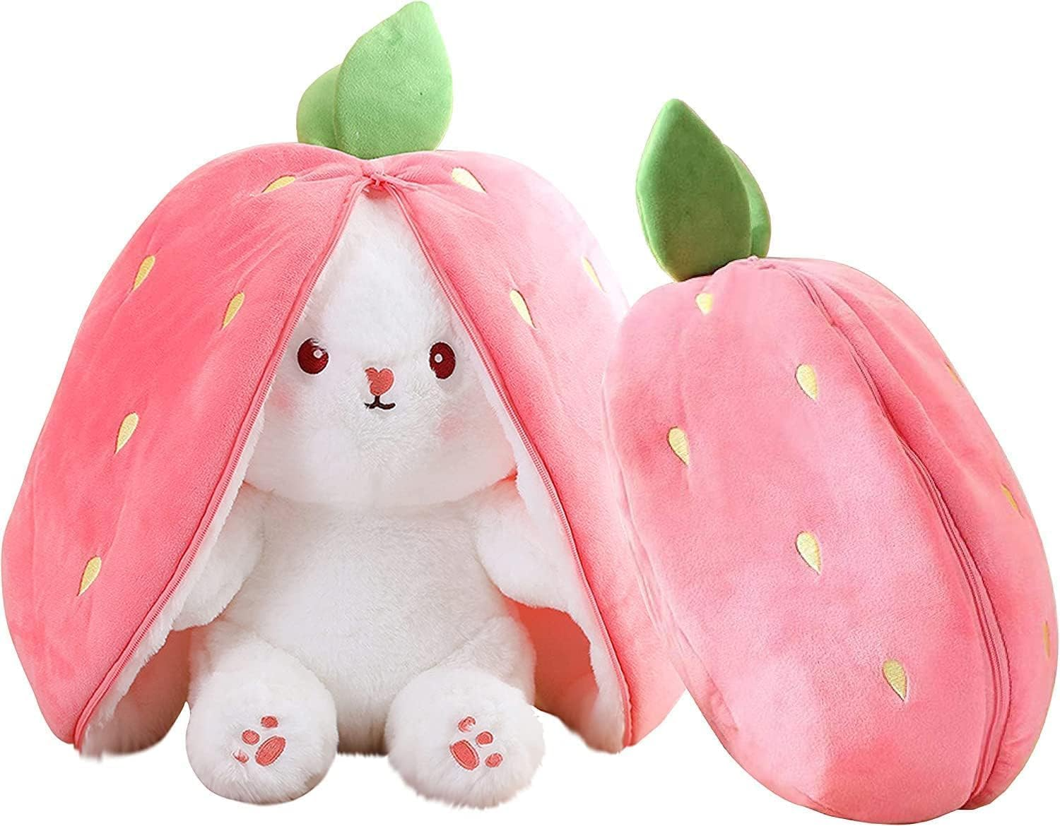 Bunny Stuffed Animal Plush Reversible Strawberry Bunny Plush Doll With Zipper Cute Room Decoration Toy For Kids Gift.