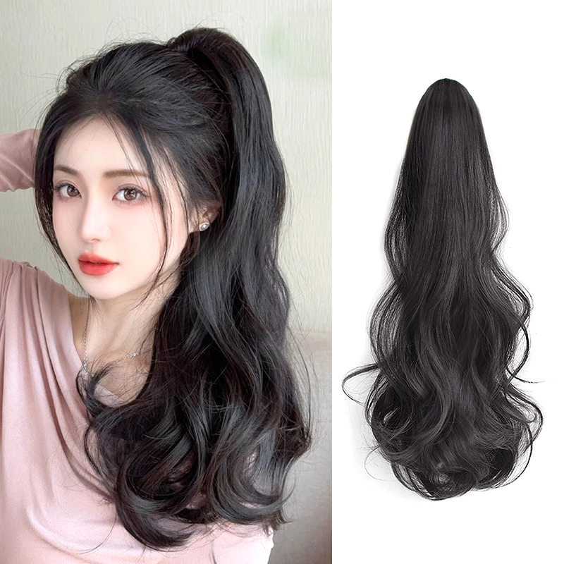 Synthetic Long Curly Hair Band With Grab Clip Ponytail Wig Curly Hair - Natural  black colour