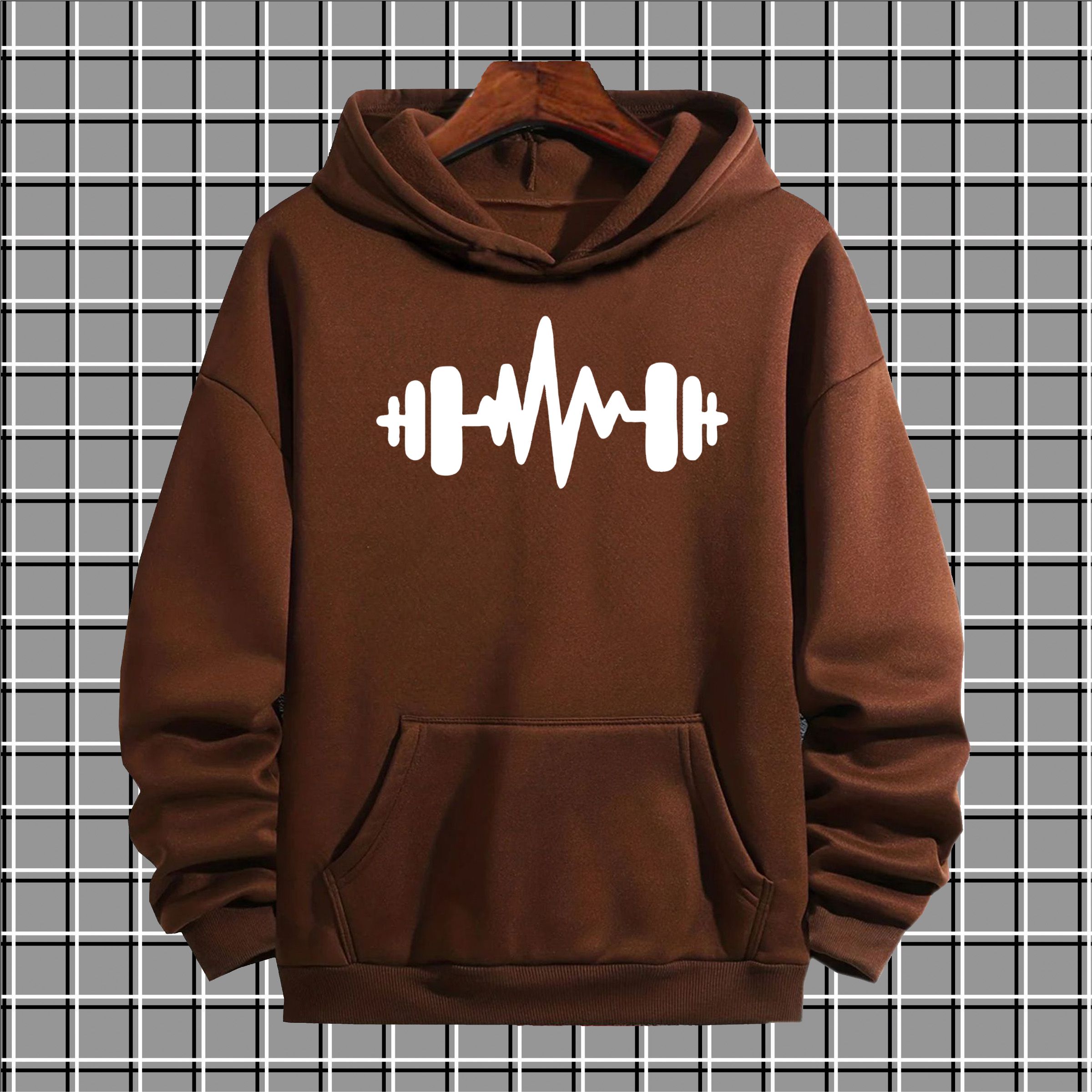 Brown dumbell pullover warm fleece kangroo hoodie for men and boys