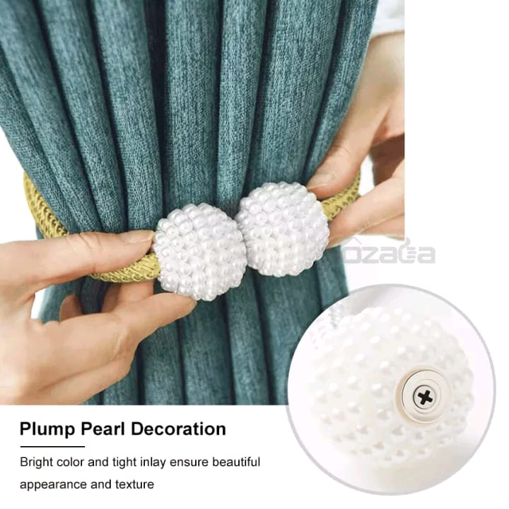 2 PCS Magnetic Pearl Curtain Buckle Magnetic Curtain Tiebacks Convenient Drape Tie European Style Decorative Weave Rope Curtain Rings & Buckles Holder for Window Sheer Blackout Draperies, Braided Straps Ball Buckles,  Parday