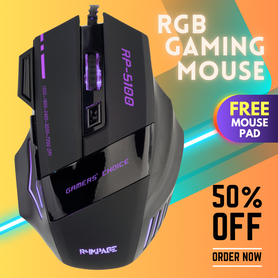7 Buttons RGB PRO Gaming Mouse with 3200dpi - Breathing LED USB Wired Optical Computer Mouse with 7 Buttons & Braided Wire including Side Buttons with FREE Mouse Pad