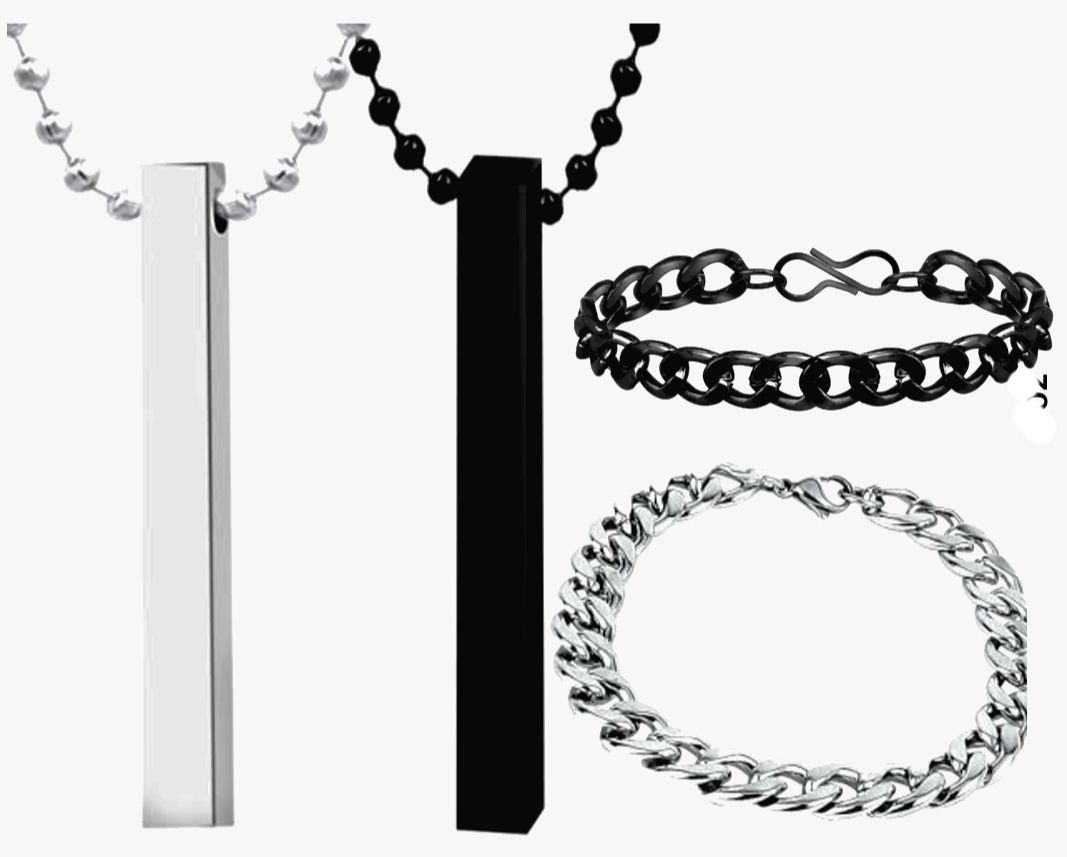 PACK OF 6 MEGA DEAL FASHION STAINLESS STEEL | BLACK 3D-BAR STICK LOCKET + TITANIUM RING + CUBAN LINK CHAIN BRACELET FOR BOYS AND GIRLS | TRENDY JEWELRY SET FOR MEN AND WOMEN