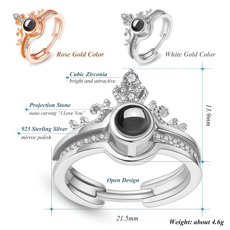 100 Languages I Love You Plated Micro-engraving Light Projection Ring  Romantic Gift Couples Two In One Crown Diamond Ring
