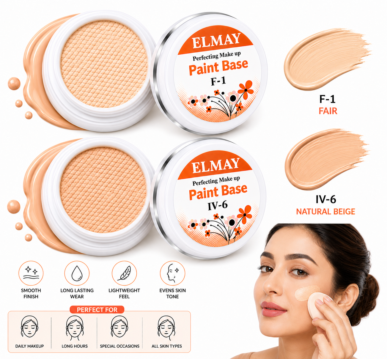 Handi Base Makeup Base for Face, Smooth & Even Coverage, Lightweight Finish, Professional & Daily Makeup, F-1 & IV-6 Shade