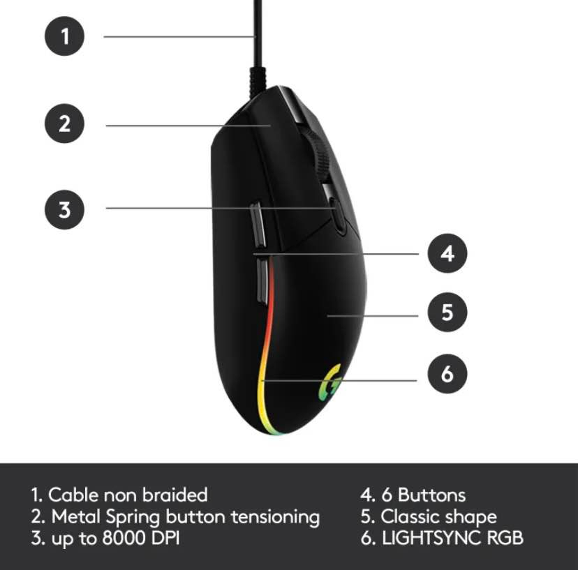 Logitech G102 LIGHTSYNC RGB 6 Button Wired Gaming Mouse | 8000 DPI | RGB Lighting | USB Mouse for PC, Laptop & Gaming | Black