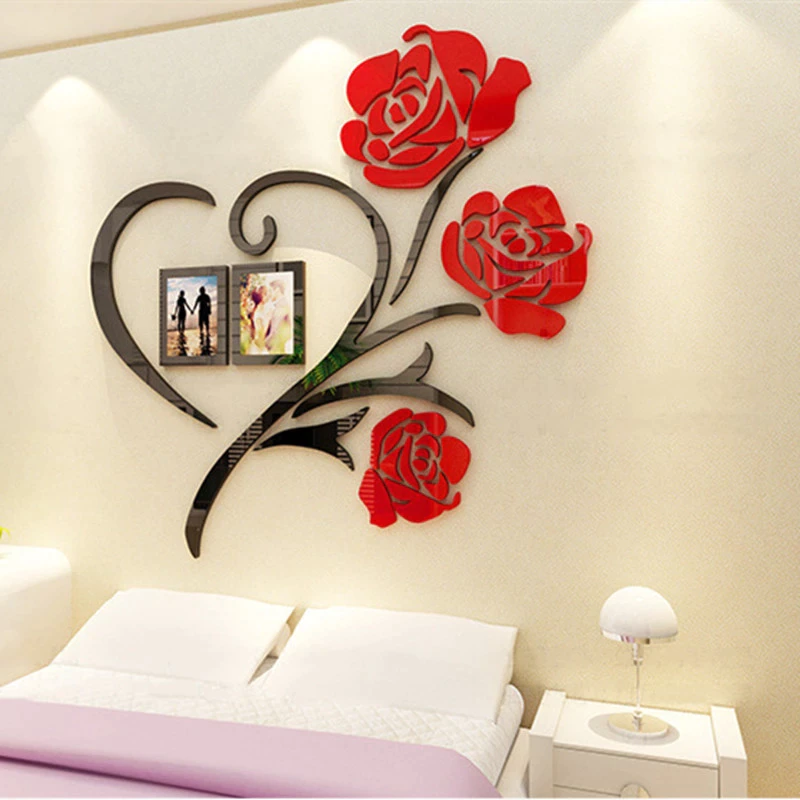 3D Creative Living Room Bedroom Sofa Background Multi-Pieces Rose Flower Pattern 3D Wooden Decoration Wall Sticker DIY Wall Poster Picture Frame Home Bedroom Wall stick DIY Wall decoration