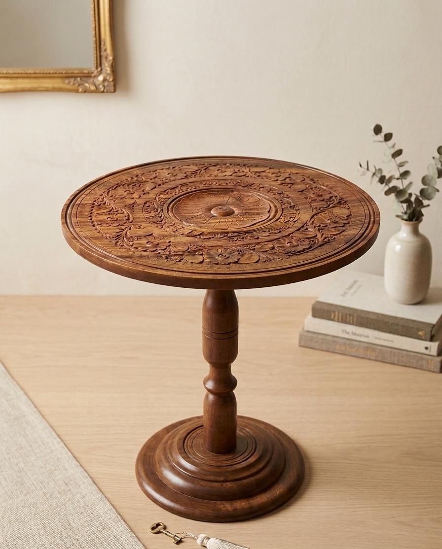 Hand Carved Solid Wood Coffee Table – Vintage Round Side Table | Handmade Wooden Table | Rustic Decor | Living Room / Balcony Table