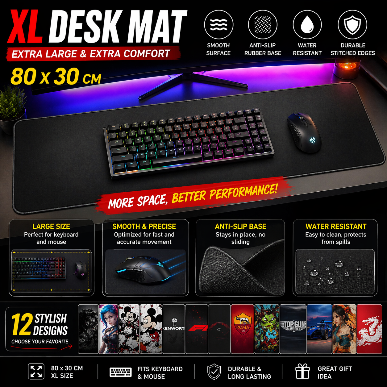 XL Mouse Pad 80x30 cm | Large Desk Mat | Anti Slip | Gaming & Office Keyboard Mouse Pad