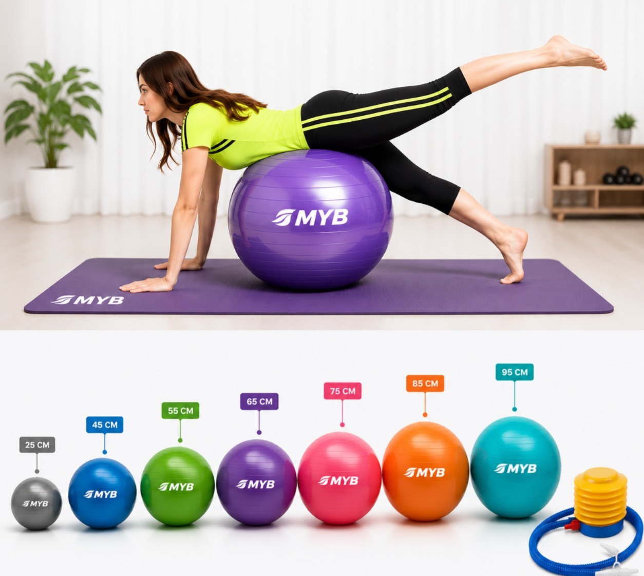 MYB Sports Gym Ball | Anti-Burst Yoga Ball with Air Pump | Fitness Exercise Ball for Home Workout, Pilates & Core Training