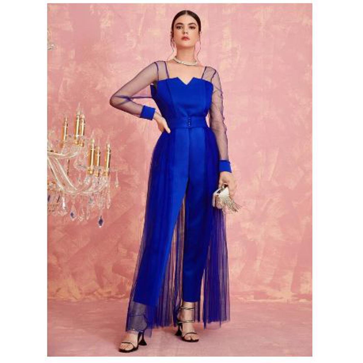 Visage Notch Neck Mesh Panel Pearl Detail Corset Jumpsuit With Skirt Blue