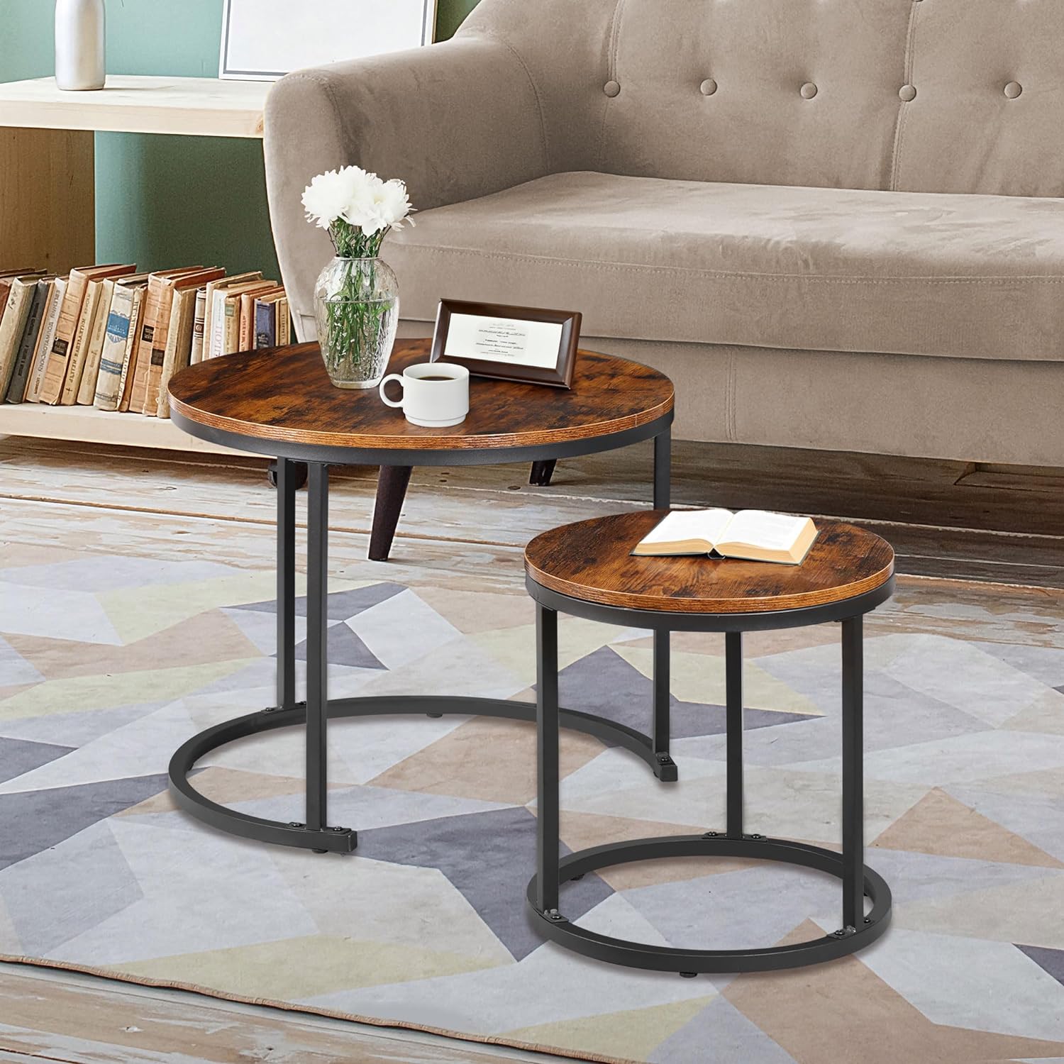 Small Round Coffee Tables for Living Room Apartment, Set of 2 Industrial Nesting Side End Table ...