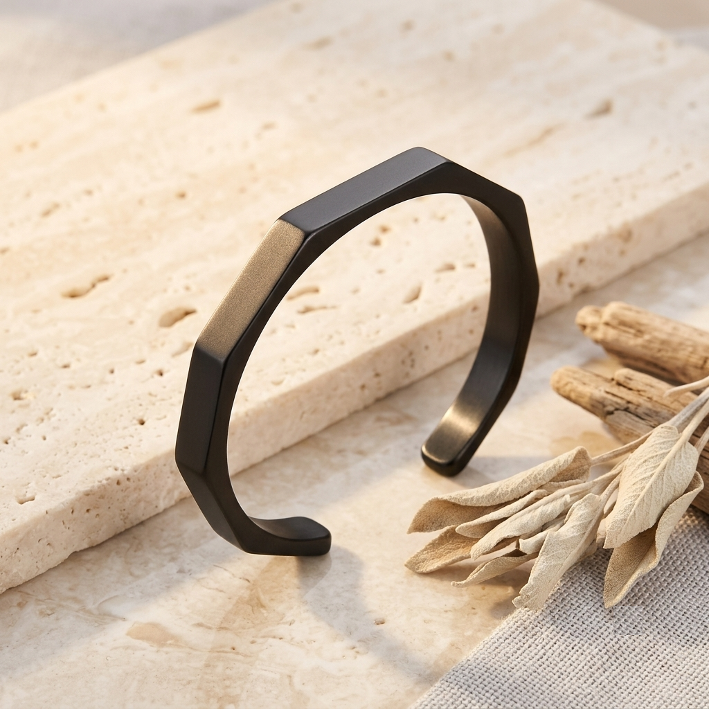 Black Cuff Bracelet for Men Stainless Steel Adjustable Open Bangle Minimalist Fashion Style Trending