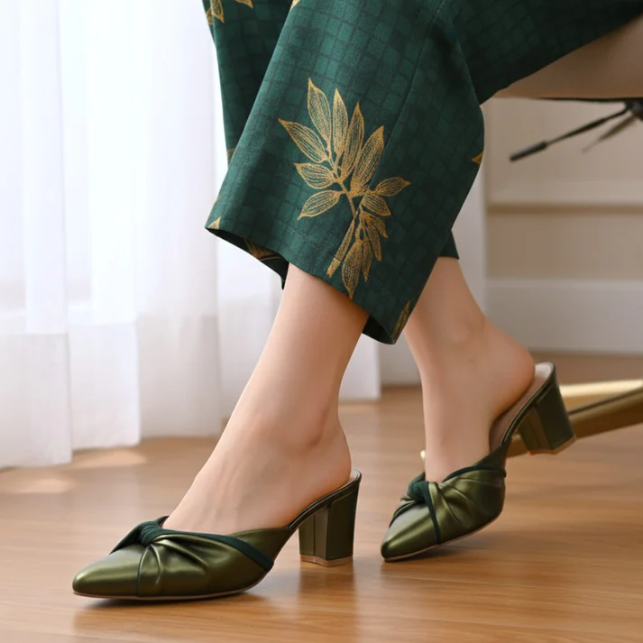 Emerald Luxe Knotted Block Heels for Women – Green Stylish Block Heel Shoes
