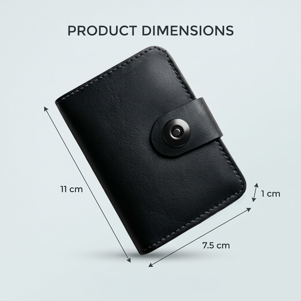 Magnetic Button Cow Leather Slim Wallet, 4 Card Slots, 1 Cash Pocket, 1 Window Card Slot