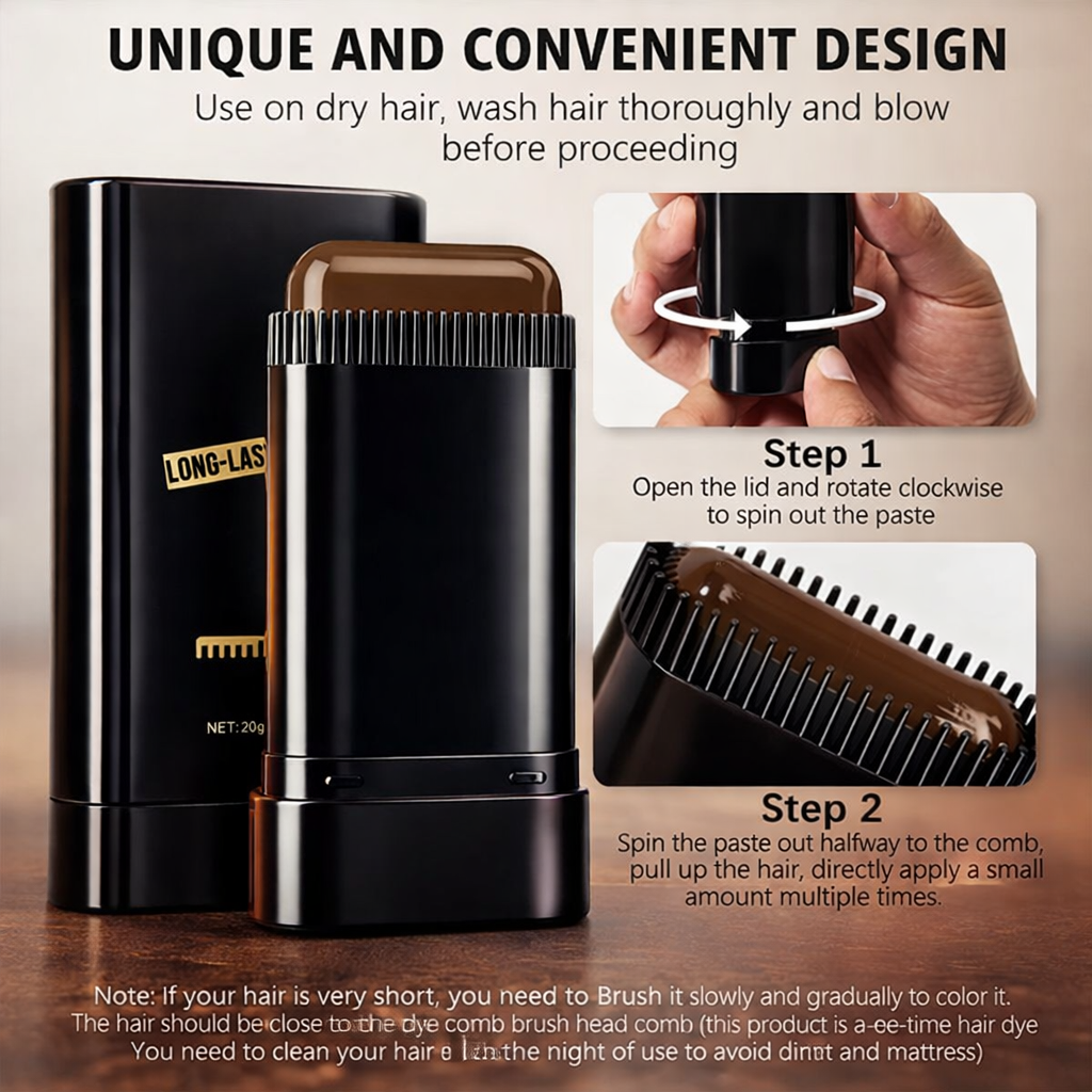Hair Color Comb Stick – Zero Mess Waterproof Temporary Hair Dye for Men & Women Long-Lasting Color with Zero Mess Waterproof & Sweat-Proof Hair Color Stick for Men & Women