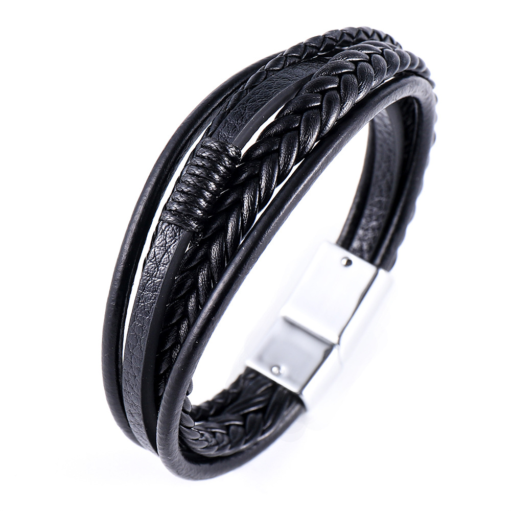 Stainless Steel Braided Leather Bracelet for Men Cuff Bangle Cross