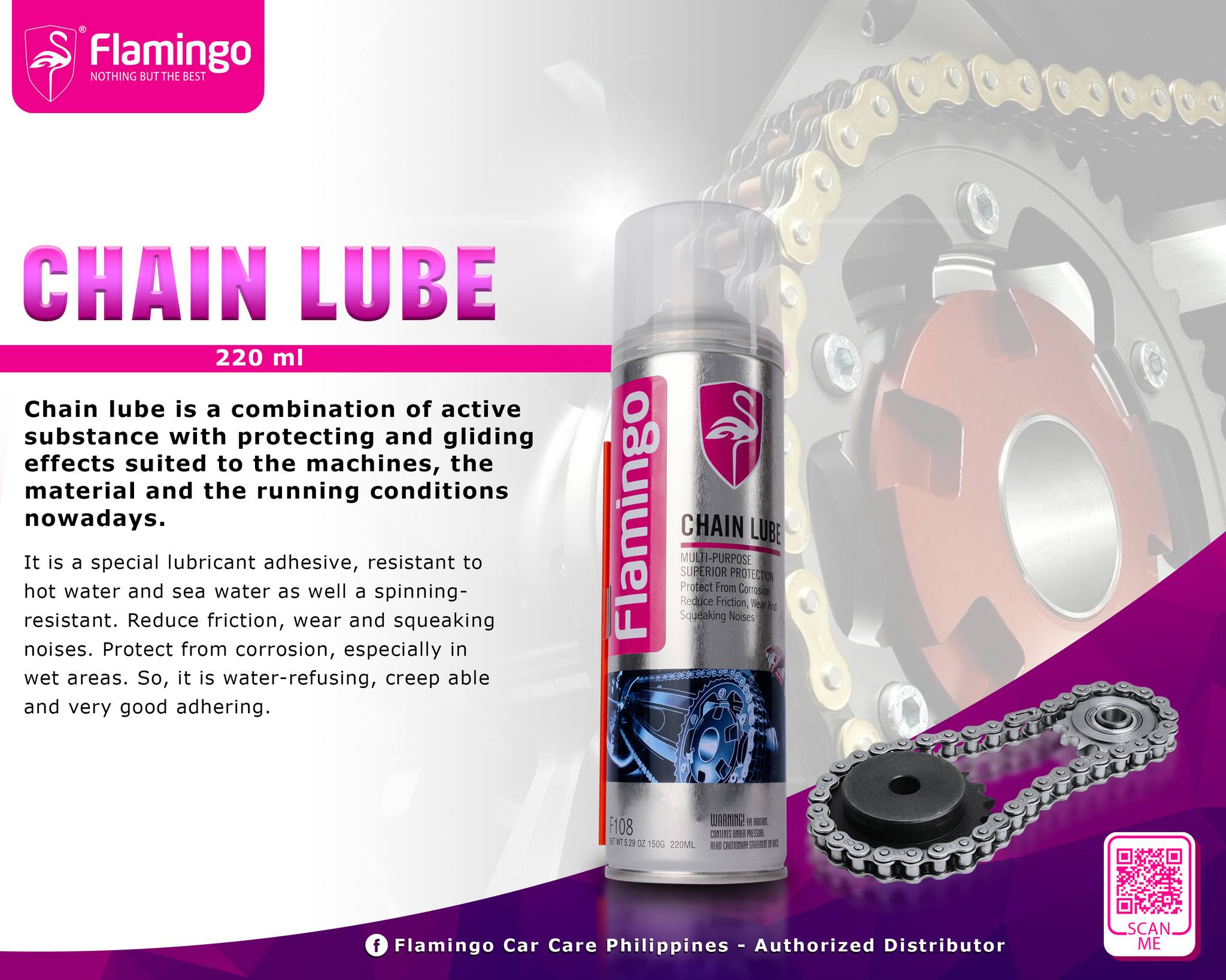 Flamingo High-Quality Bike Chain Lube Spray - 220ml Multipurpose Motorcycle Chain Lubricant