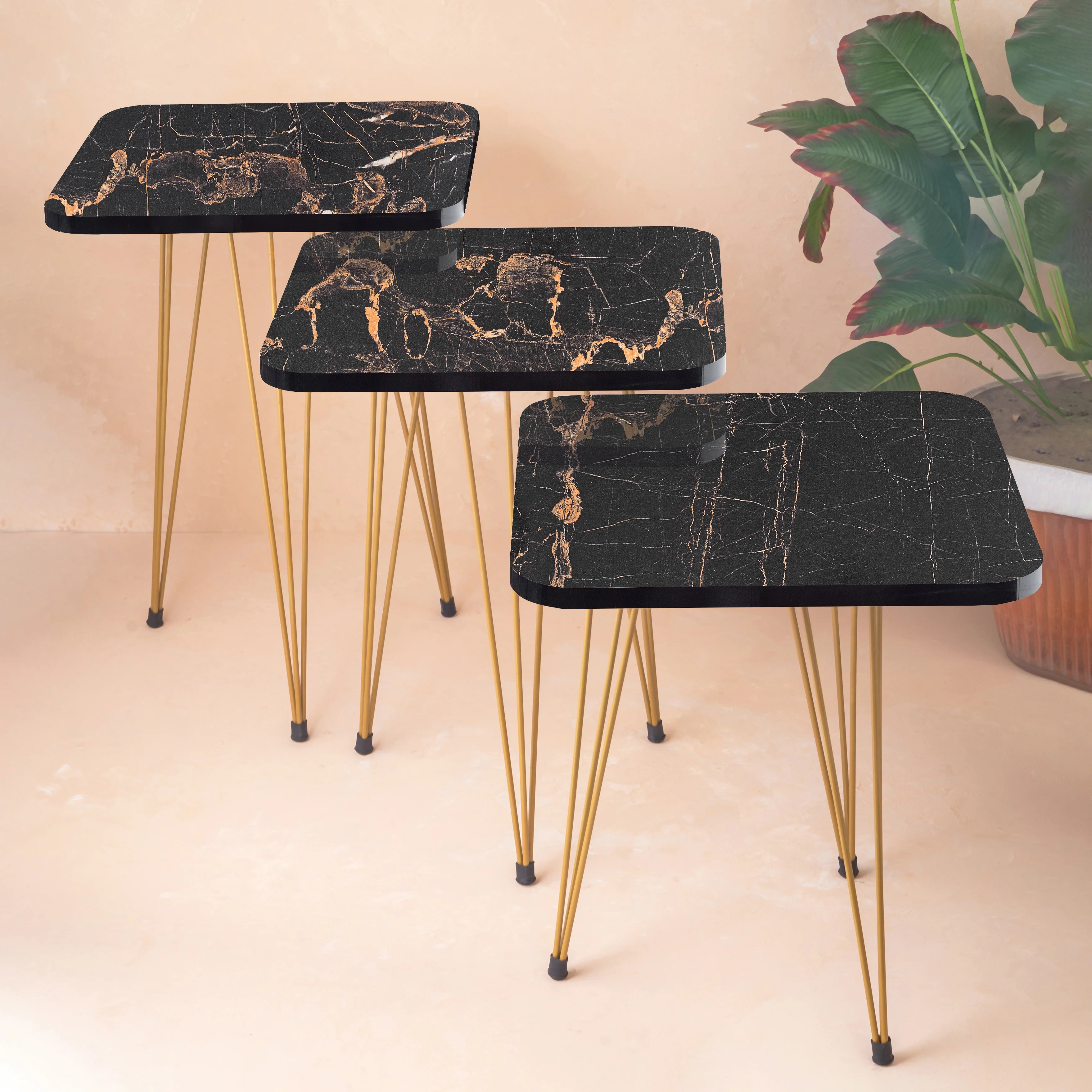 1 Pcs / Set of 3 Square Coffee Table HIGH Gloss Nesting End Tables - Round Wood Stacking Coffee Side Accent Tables with Metal Legs for Living Room, Home Office, Nightstands for Bedroom, Sturdy Easy Assembly - 3 Piece Modern Nesting Table Living Room