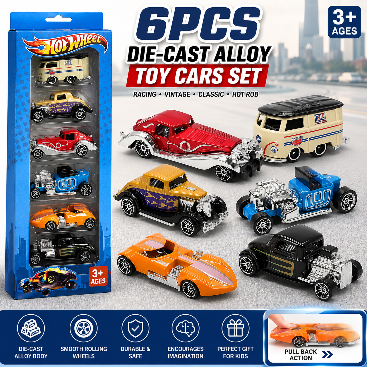 6PCS Premium Die-Cast Metal Toy Cars Set with Pull Back Action, Mini Alloy Racing Vehicle Collection, Classic Vintage Hot Rod Cars, Durable Diecast Body, Smooth Rolling Wheels, Realistic Toy Cars for Kids, Boys, Girls & Collectors, Birthday & Christmas