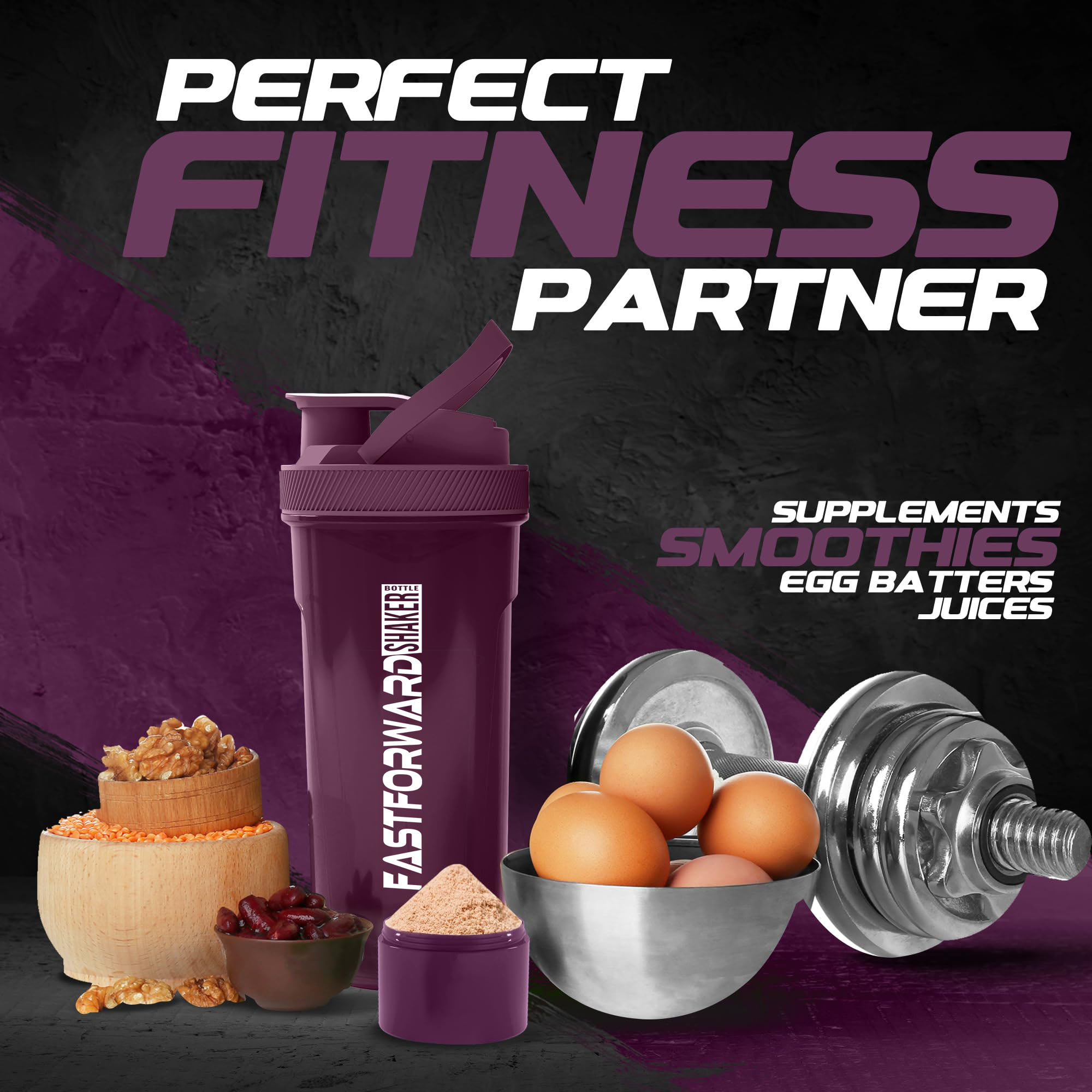 Fast Forward Shaker Bottle - 24 Ounce Protein Shaker Plastic Bottle for Pre & Post workout with Twist and Lock Protein Box Storage Pack of 2
