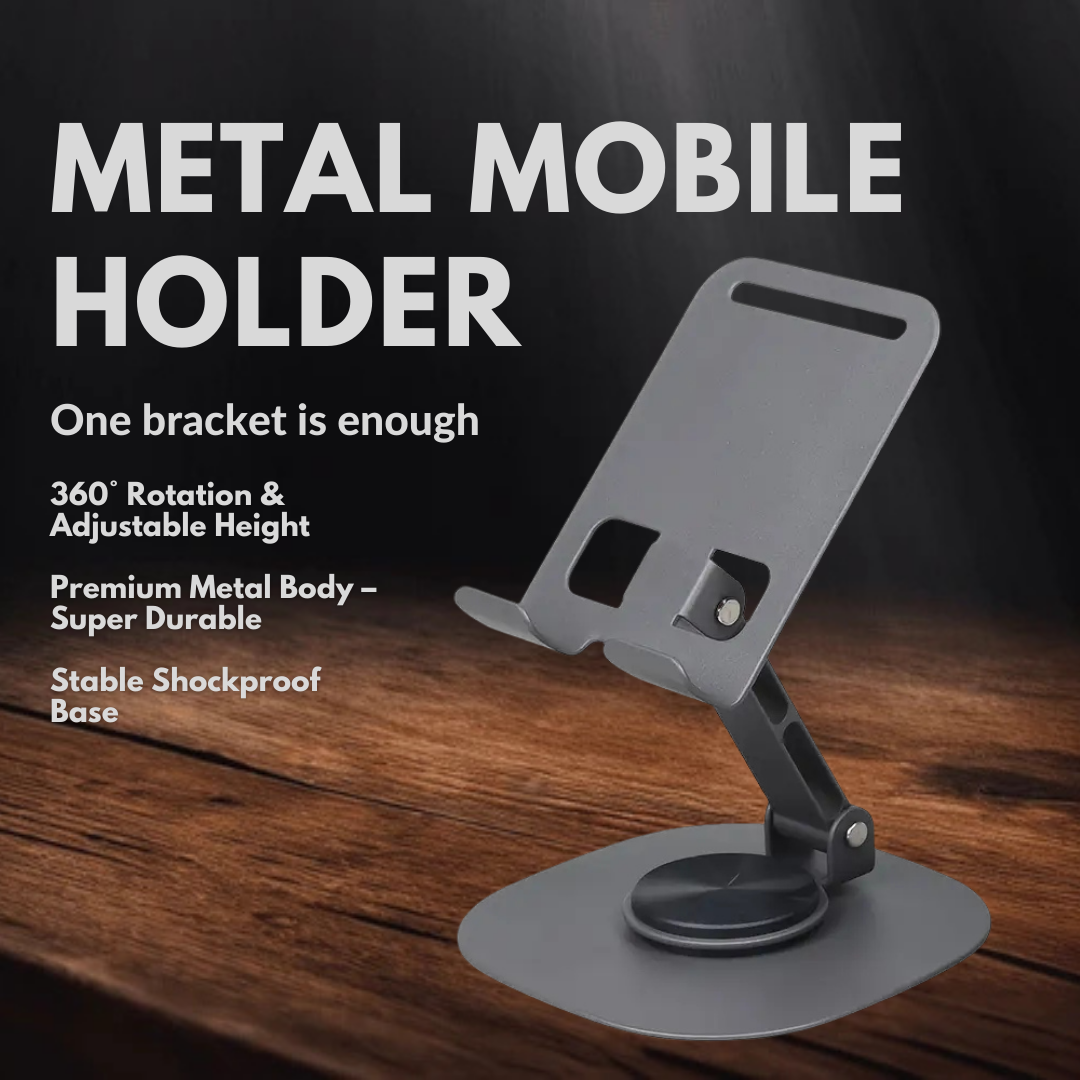 Premium Metal Mobile Holder Stand 360° Rotating & Height Adjustable | Universal Foldable Shockproof Desk Phone Tablet Holder Cradle for Multiple devices, Office, Home, Bedside, Kitchen, Travel, Gaming & Streaming Setup