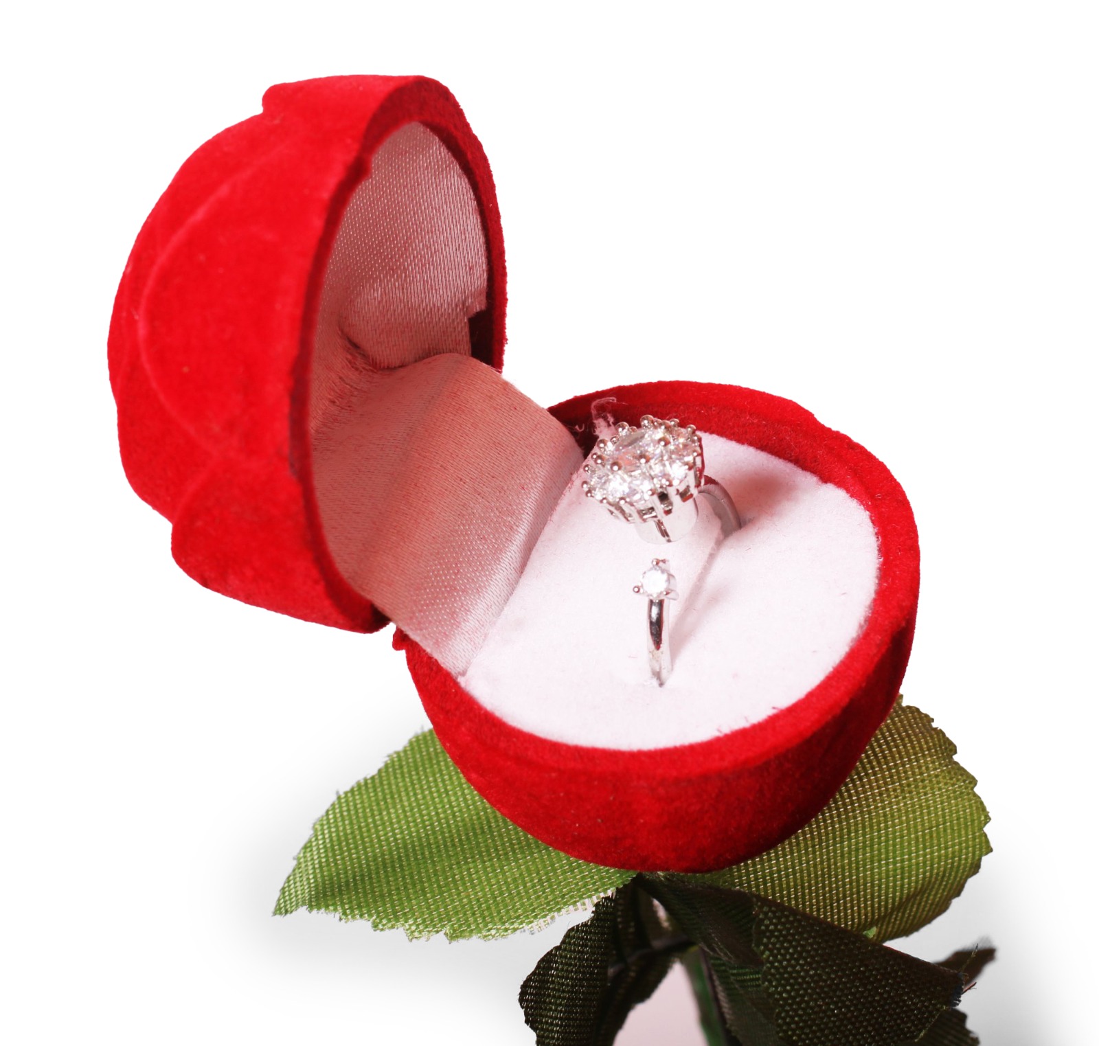 Beautiful red rose ring box with green leaves at the bottom, Wedding Ring gift Box, Engagements Ring Box, valentine or any other special event. Suitable for rings, earrings, jewelries, trinkets, etc. (Empty Box)