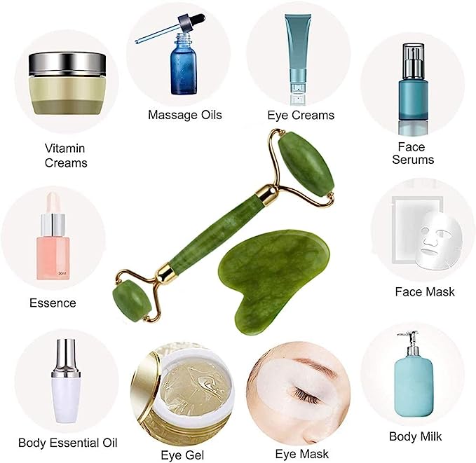 (Original Stone) Jade Roller and Gua Sha Set, Beyond Jade Face Roller - Face Massager, Facial Roller for Skin, Eyes, Neck - Noiseless Design - Jade Roller & Guasha Reduce Puffiness and Improve Wrinkles - Guasha Stone Self Care Gift for Man Women