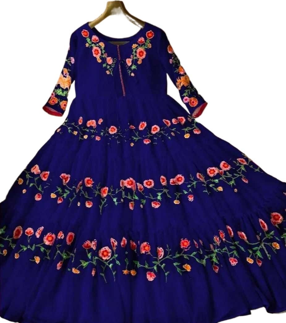 Multi-Embroidery Long Flair Maxi Dress - Chiffon with Inner Attached - Ready Made - Maxi Party Wear For Girls and Women