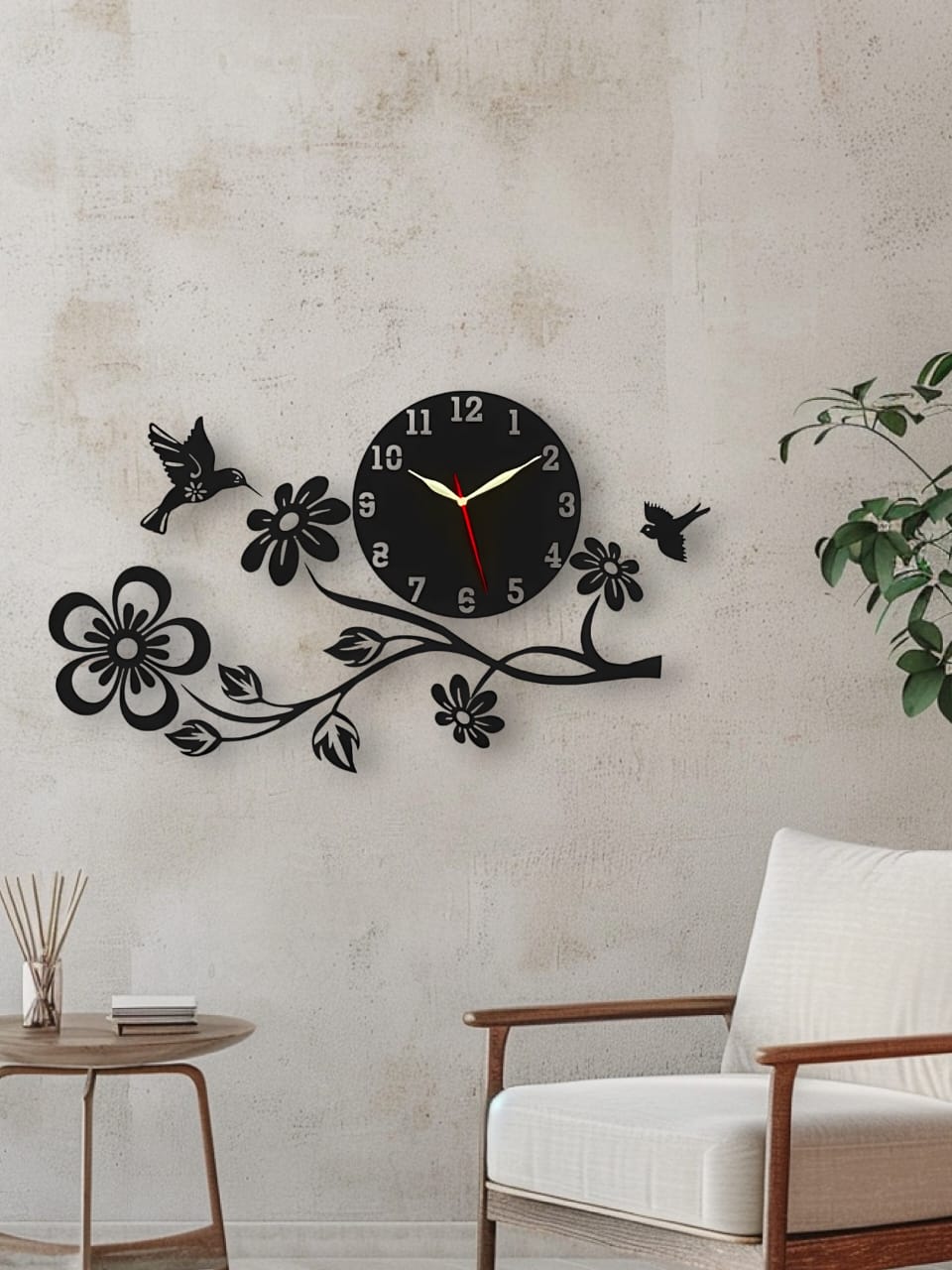 3D Wooden Wall Clock with LED Light Long Nose Bird Flower Shape Home Decor