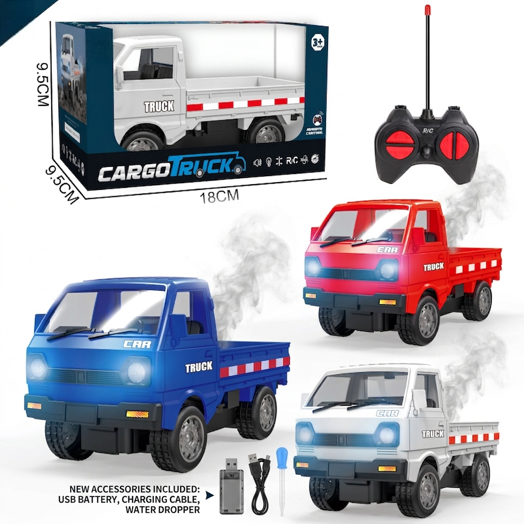 KIDDO KASTLE - 1:24 RC Suzuki Pickup Cargo Truck | 2.4GHz Remote Control Off-Road Drift & Climbing Truck with Mist Spray, LED Lights & 5-Channel Rechargeable RC Vehicle for Kids | Blue & White Assorted Colors