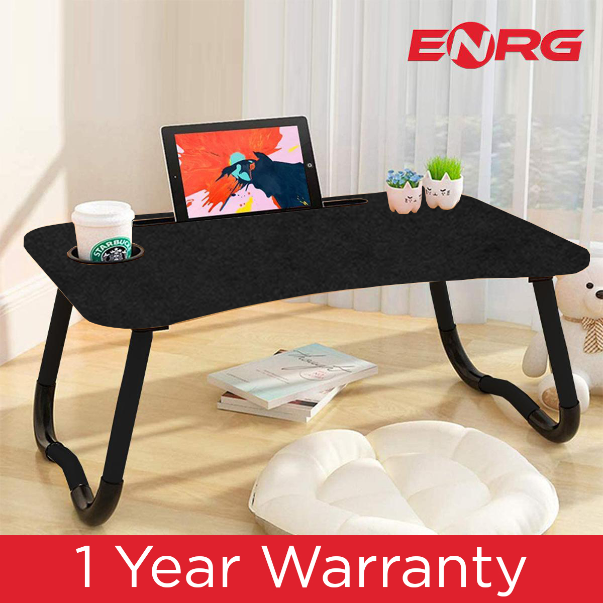 Energy - ENRG Wooden Gaming Laptop Table With Fan And Simple For Bed Foldable Stand Ergonomic Portable Drawing Notebook Reading Food Breakfast Serving With Inbuild Tablet And Cup Holder Slots Couch Black Brown Pink Yellow Green White Blue
