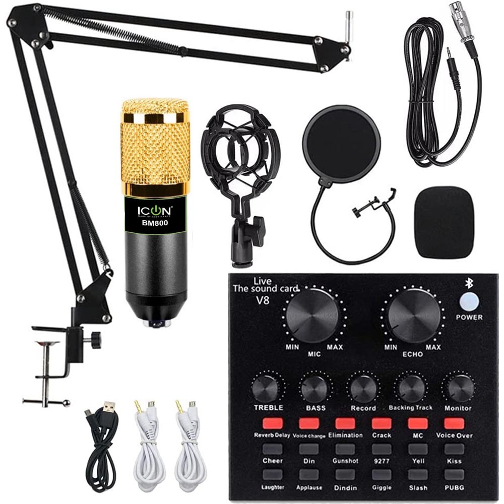 ICON Bm800 Condenser Microphone - with Arm Scissor Stand & V8S Audio Sound Card