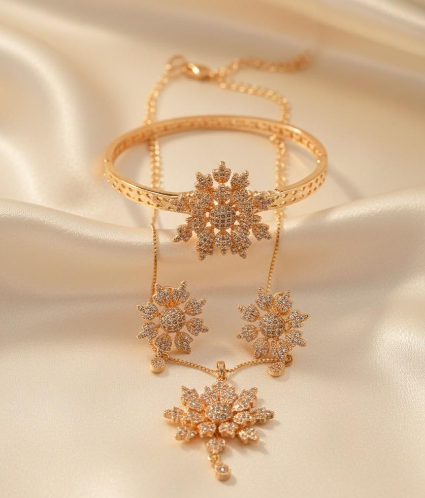 New Golden Color four piece jewellery set for girls Fancy combo Flower set Luxury Gold Plated Snowflake Jewelry Set for Women – Necklace, Earrings & Bracelet | Bridal & Party Wear Fashion Jewelry | Elegant Gift Set Adjustable ring and bangle locket set