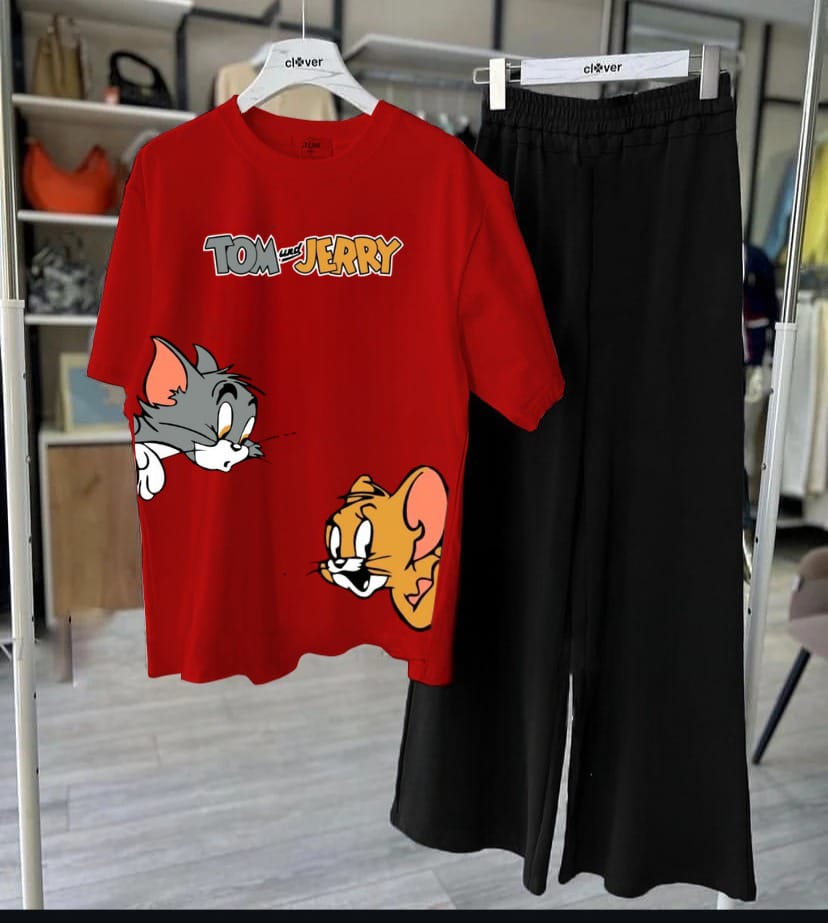 Tom & Jerry Cute Cartoon Printed Night Wear Premium Quality Women's & Kids' Nightwear – Stylish, Comfortable, and Soft Sleepwear Pajamas, Night Suits & Loungewear for All Seasons Adult Size S to XL & Kids Size 7 to 14 Years, Tees Pajama T-shirt Palazo