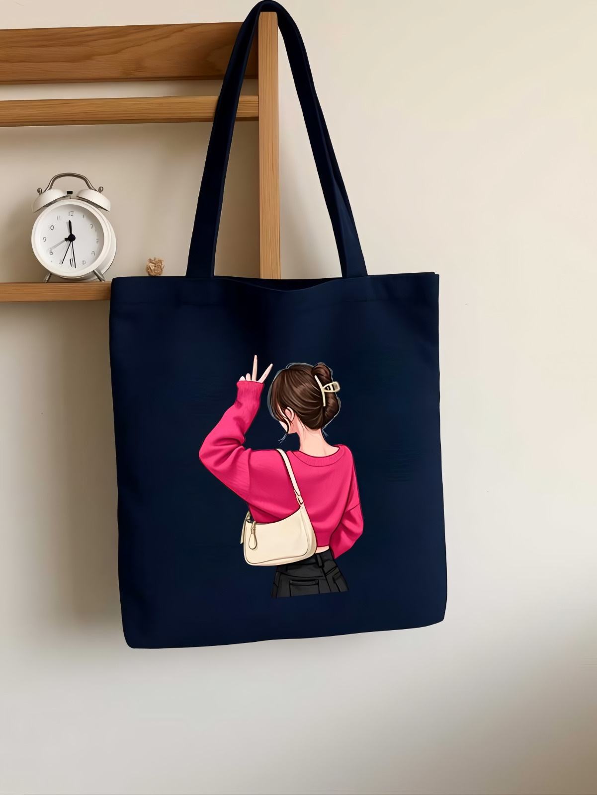 Floral Printed Black Canvas Tote for Her
