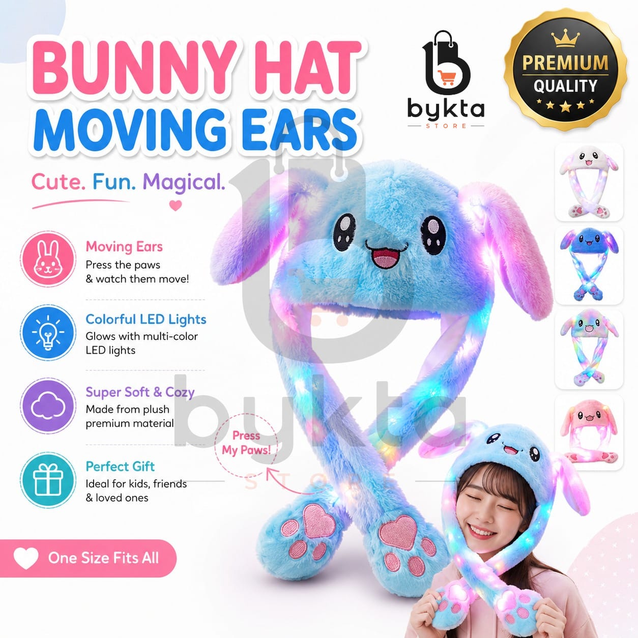 Bunny Hat Moving Ears – Plush Rabbit Hat – Press Paw to Move Ears – Cute Funny Bunny Cap with Animated Ears – Soft Plush Winter Hat for Women, Girls & Kids – Cosplay, Birthday Gift, Party & Photography Accessories